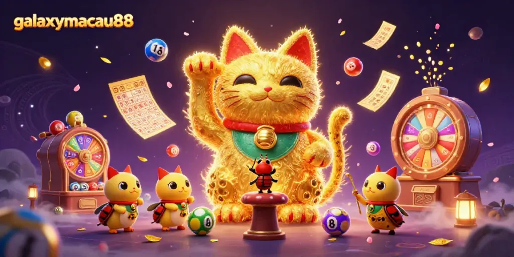 Experience the magical world of galaxymacau88 with a giant lucky cat made of golden fireflies and vibrant casino symbols.