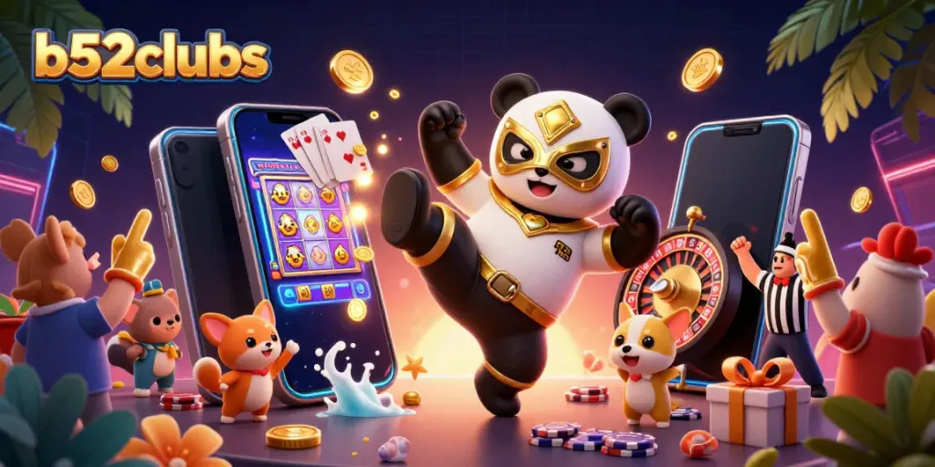 Bettors spin the reels at b52clubs with a lively panda referee and animal audience in a vibrant casino scene.