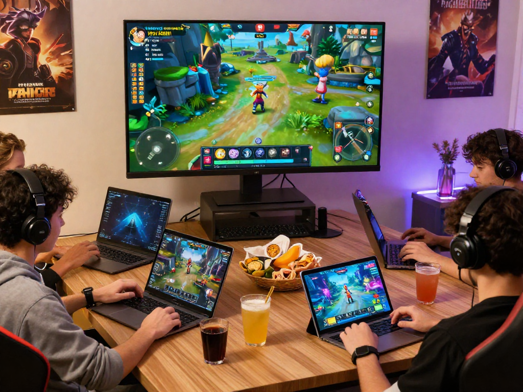 Players engaged in vibrant porn games online across devices, highlighting interactive gaming atmosphere.
