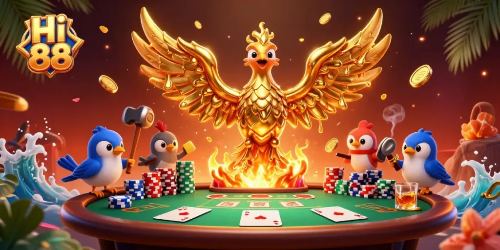 Experience a thrilling Hi 88 poker scene with a molten phoenix and vivid casino elements.