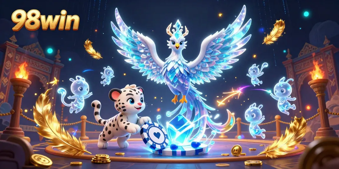 Experience the vibrant world of 98win with a dazzling display of an ice phoenix, poker chip, and enchanted sprites.