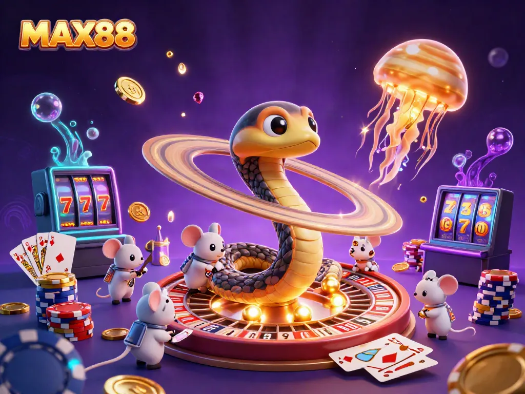 Experience thrilling gameplay at MAX88 with astronaut mice placing bets in a cosmic casino scene.