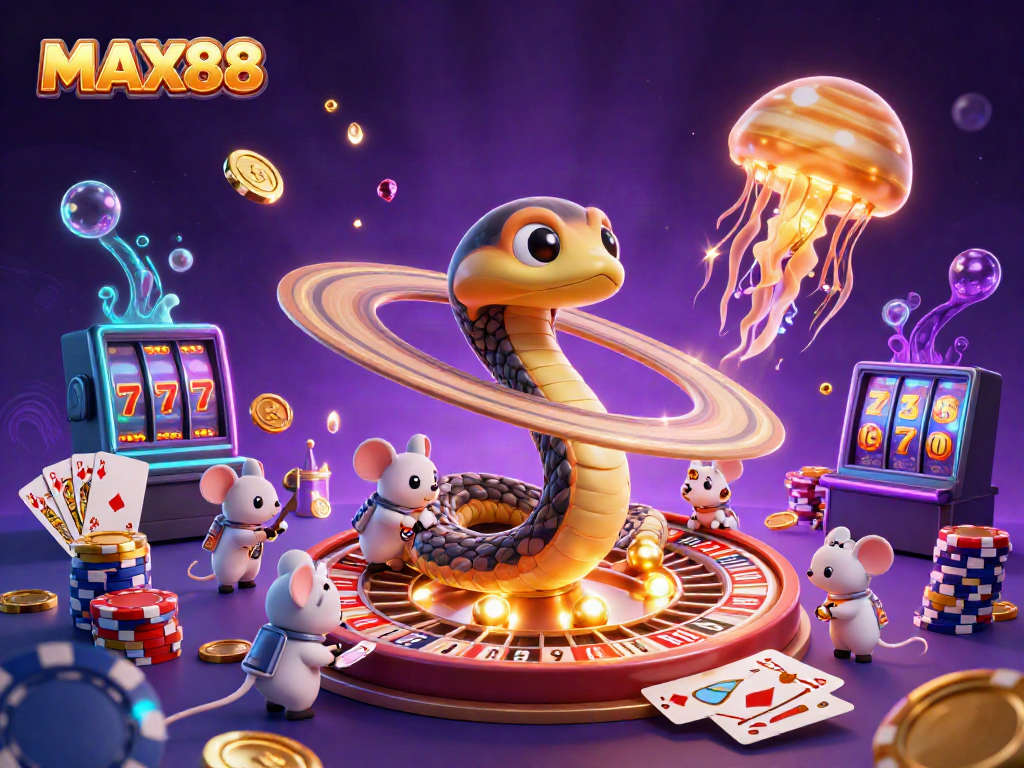 Experience thrilling gameplay at MAX88 with astronaut mice placing bets in a cosmic casino scene.